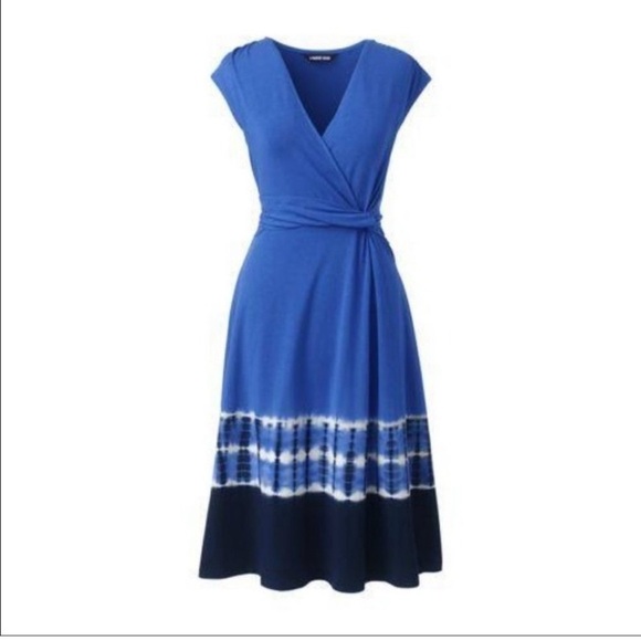 Lands' End MIDI sleeveless Crossover V-Neck Knot Waist Blue Tie Dye Women's L - Picture 8 of 10